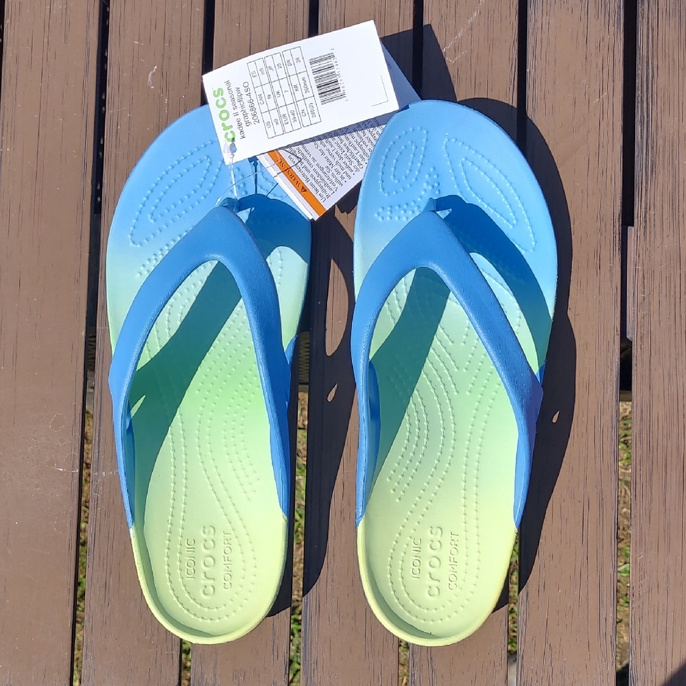 CROCS Blue and Green Gradient Flip Flops